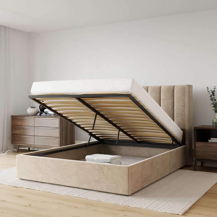 Beige Velvet King Size Ottoman Bed with Winged Headboard - Maddox