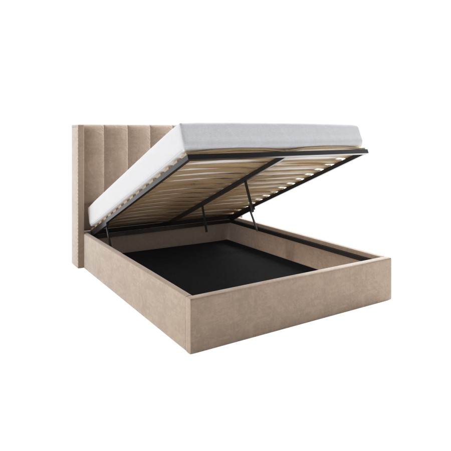 Beige Velvet King Size Ottoman Bed with Winged Headboard - Maddox