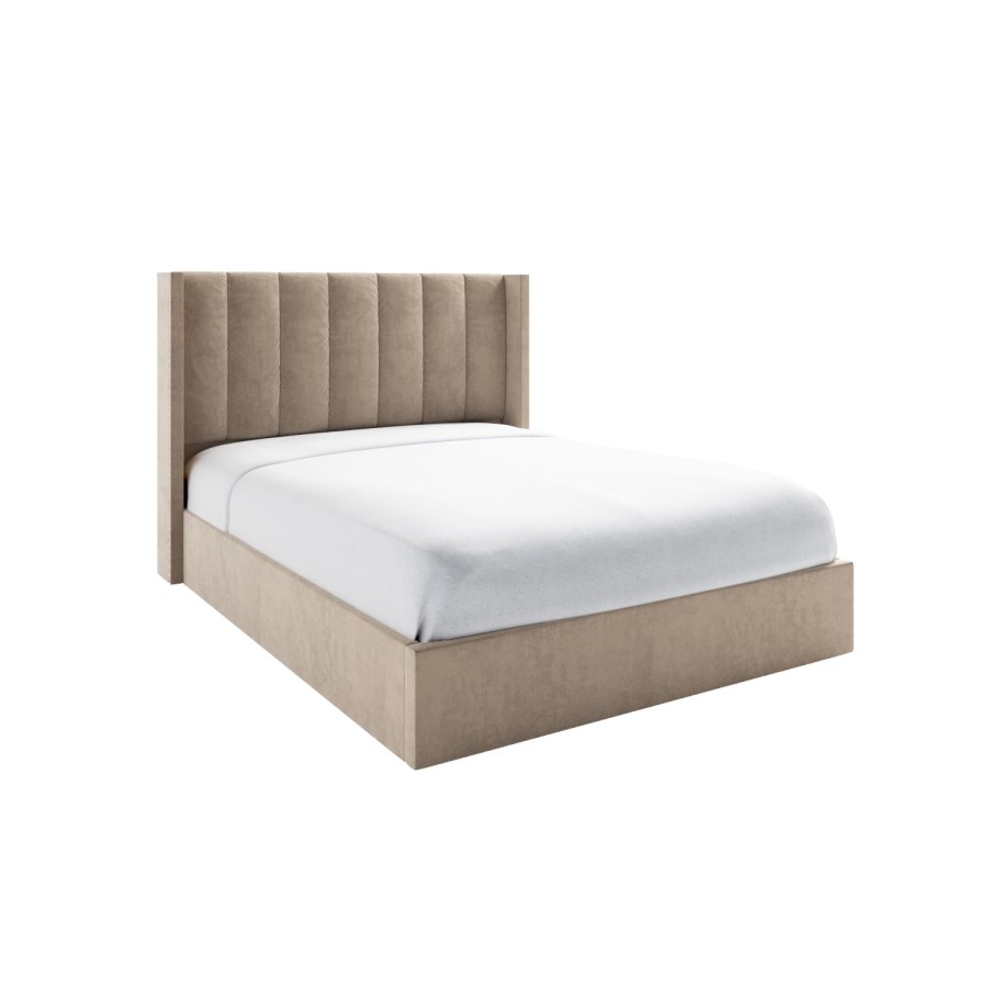 Beige Velvet King Size Ottoman Bed with Winged Headboard - Maddox