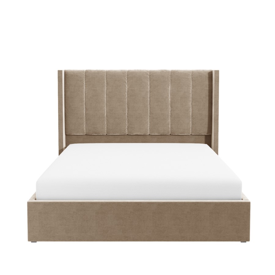 Beige Velvet King Size Ottoman Bed with Winged Headboard - Maddox
