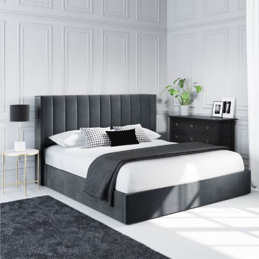 GRADE A1 - Grey Velvet Super King Ottoman Bed with Winged Headboard - Maddox