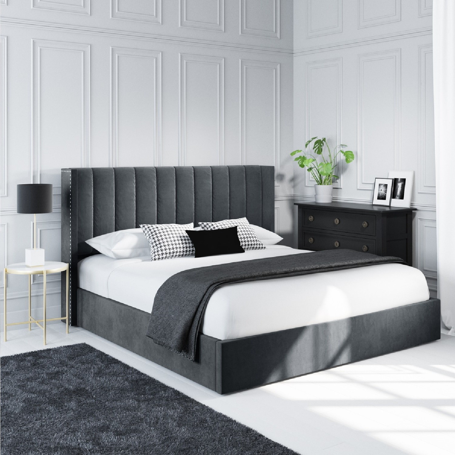 Photo of Grey velvet super king ottoman bed with winged headboard - maddox
