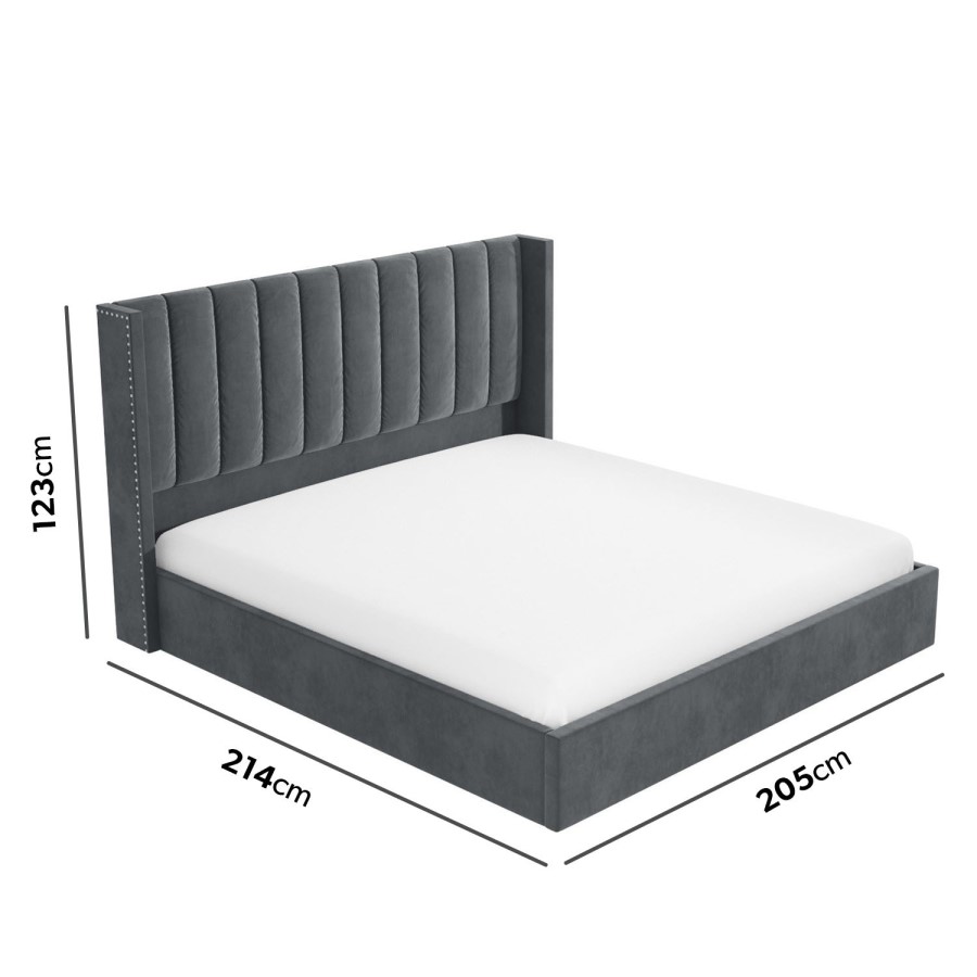 GRADE A1 - Grey Velvet Super King Ottoman Bed with Winged Headboard - Maddox