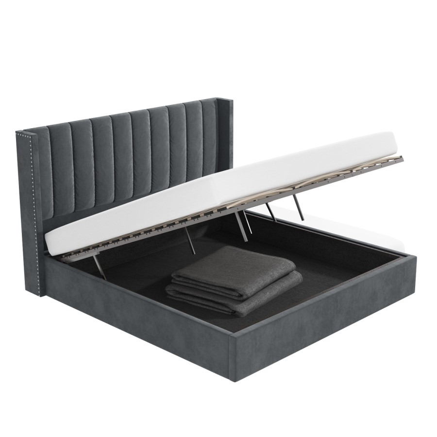 GRADE A1 - Grey Velvet Super King Ottoman Bed with Winged Headboard - Maddox