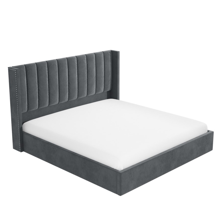 GRADE A1 - Grey Velvet Super King Ottoman Bed with Winged Headboard - Maddox
