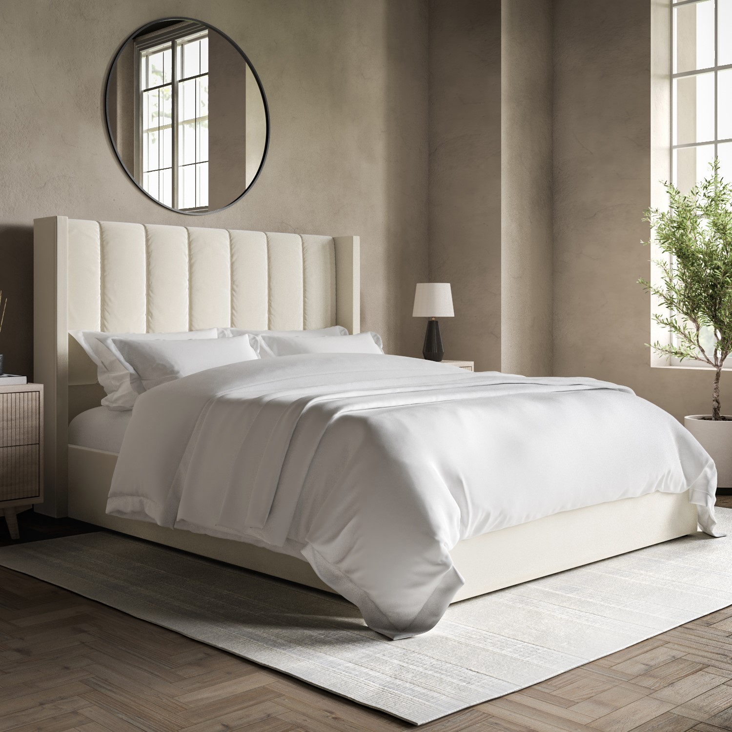 Maddox Cream Velvet King Size Ottoman Bed With Winged Headboard