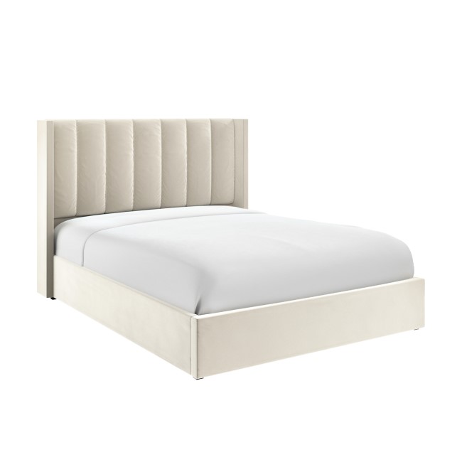 Cream Velvet King Size Ottoman Bed with Winged Headboard - Maddox