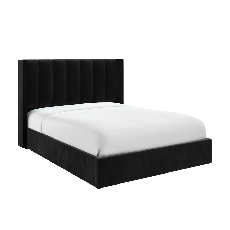 Black Velvet Double Ottoman Bed with Winged Headboard - Maddox