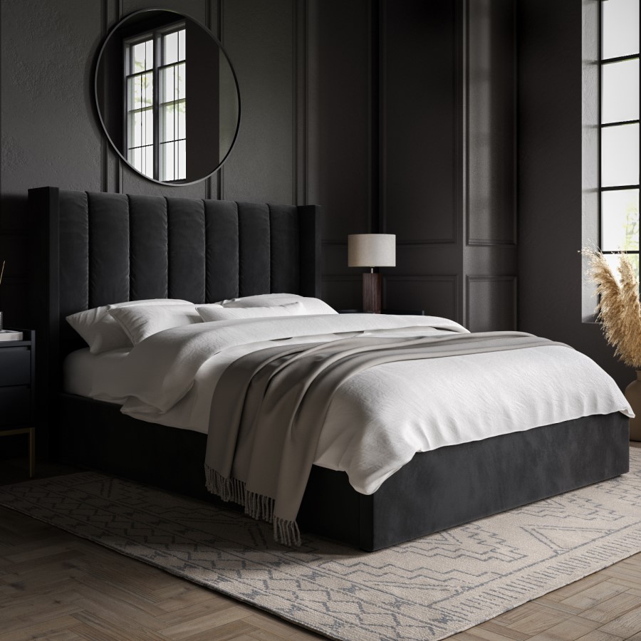 Black Velvet King Size Ottoman Bed with Winged Headboard - Maddox