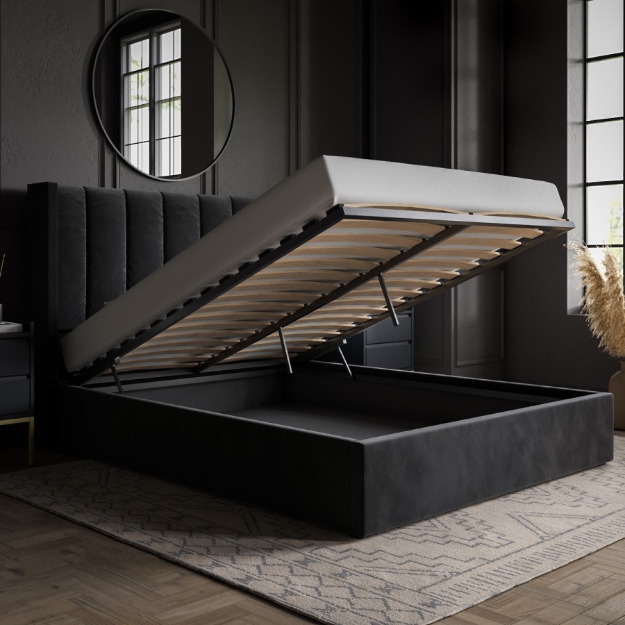 Black Velvet King Size Ottoman Bed with Winged Headboard - Maddox