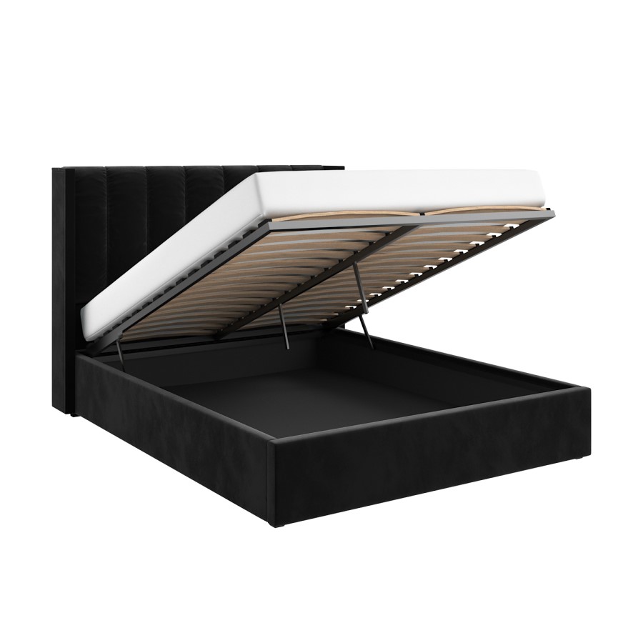 Black Velvet King Size Ottoman Bed with Winged Headboard - Maddox