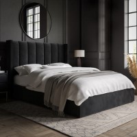 Black Velvet King Size Ottoman Bed With Winged Headboard - Maddox