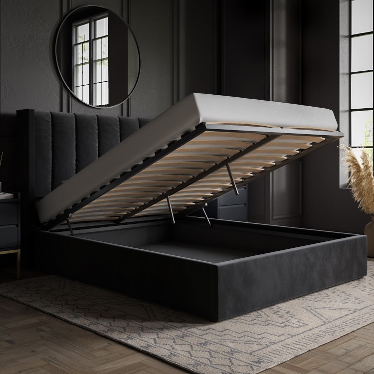 Black Velvet King Size Ottoman Bed With Winged Headboard - Maddox