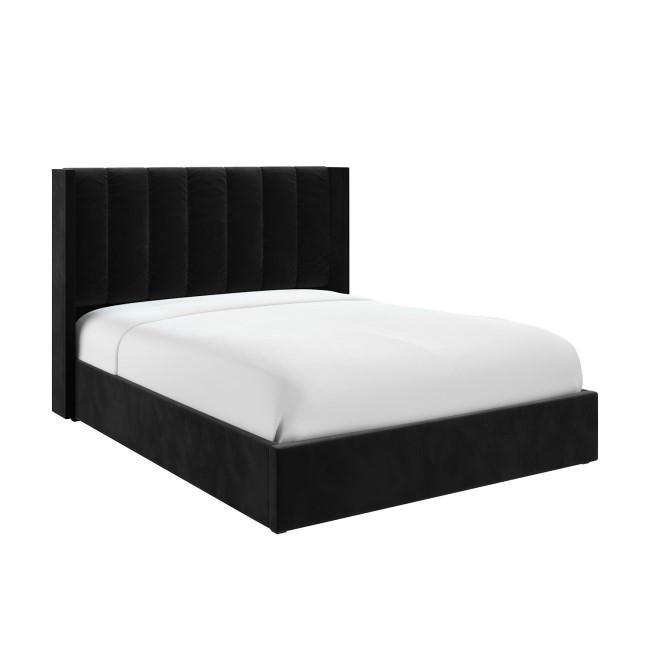 Black Velvet King Size Ottoman Bed With Winged Headboard - Maddox