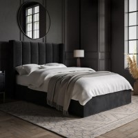 Black Velvet Small Double Ottoman Bed With Winged Headboard - Maddox