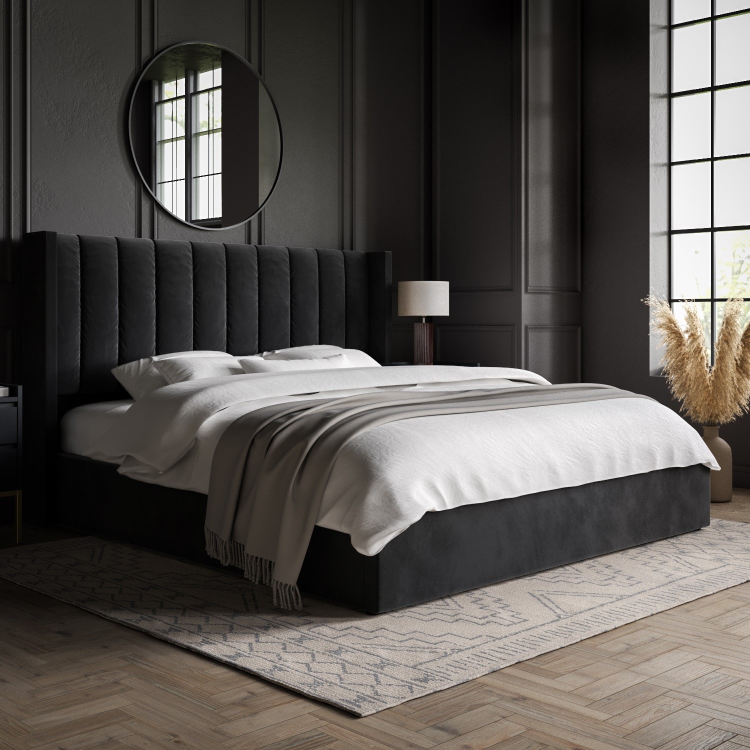 Maddox Black Velvet Super King Ottoman Bed With Winged Headboard