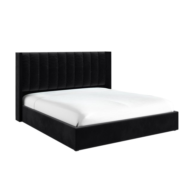 Black Velvet Super King Ottoman Bed With Winged Headboard - Maddox