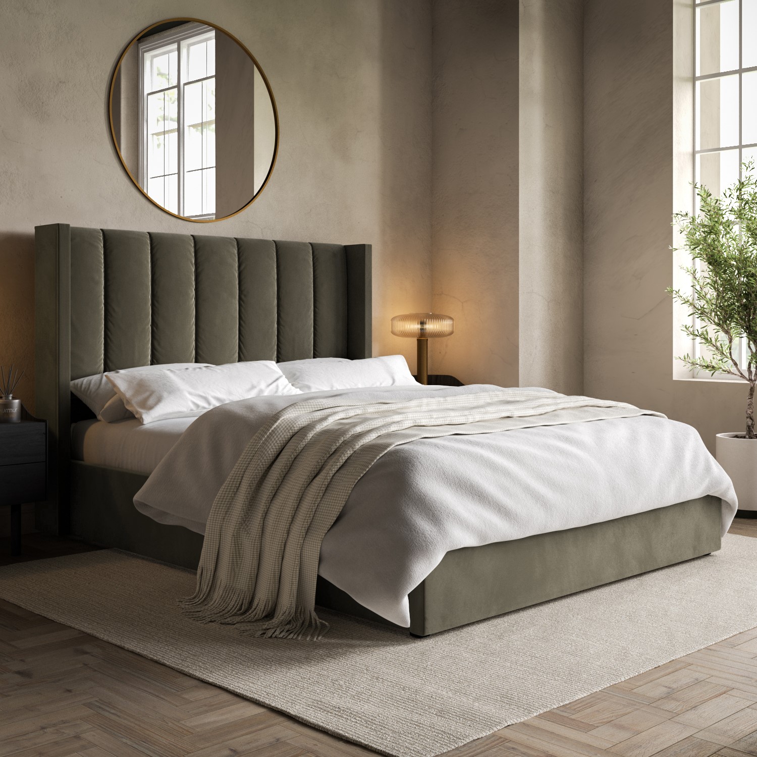 Maddox Green Khaki Velvet Double Ottoman Bed With Winged Headboard