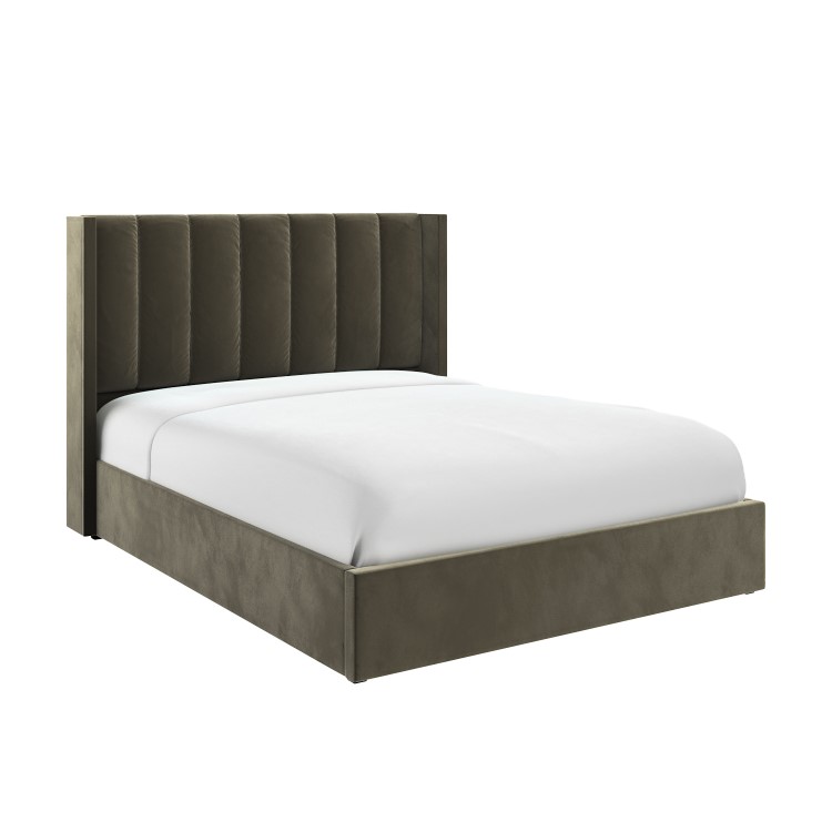 Khaki Velvet Double Ottoman Bed With Winged Headboard - Maddox