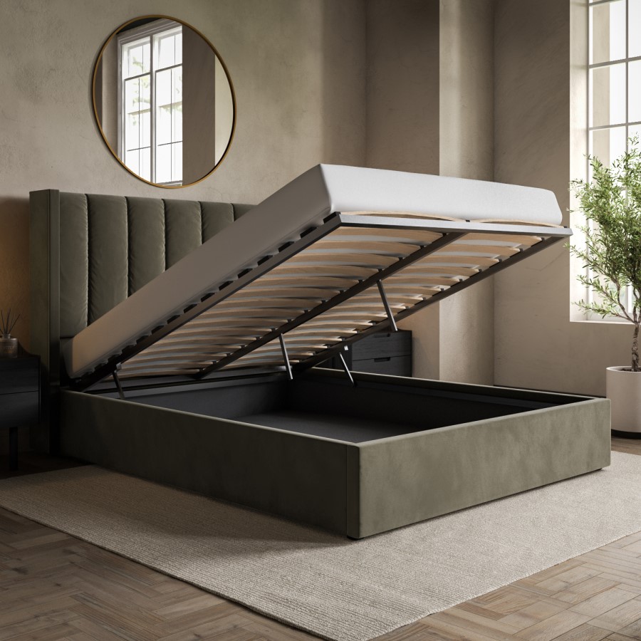 Khaki Velvet King Size Ottoman Bed with Winged Headboard - Maddox