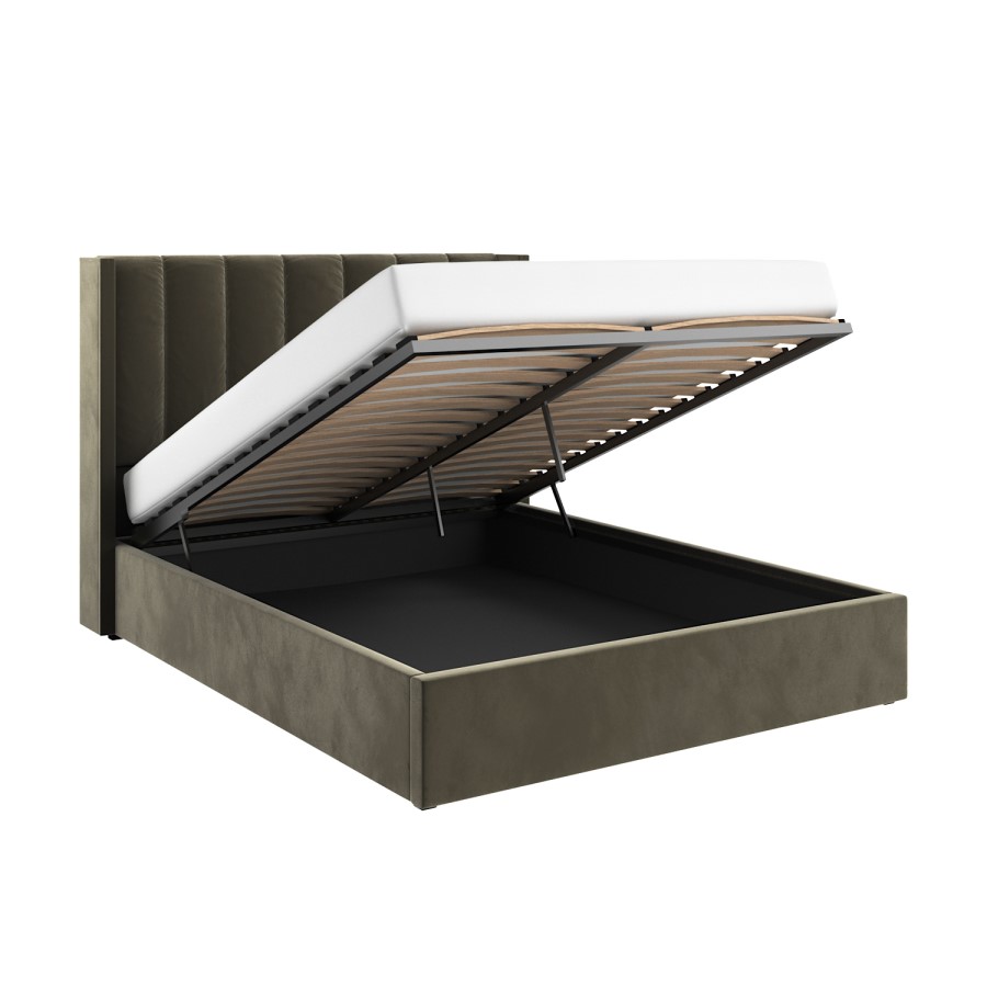 Khaki Velvet King Size Ottoman Bed with Winged Headboard - Maddox