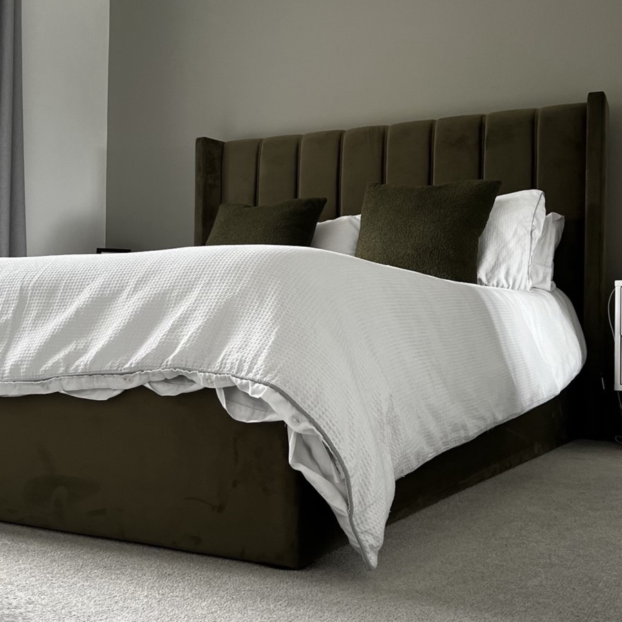 Khaki Velvet King Size Ottoman Bed with Winged Headboard - Maddox