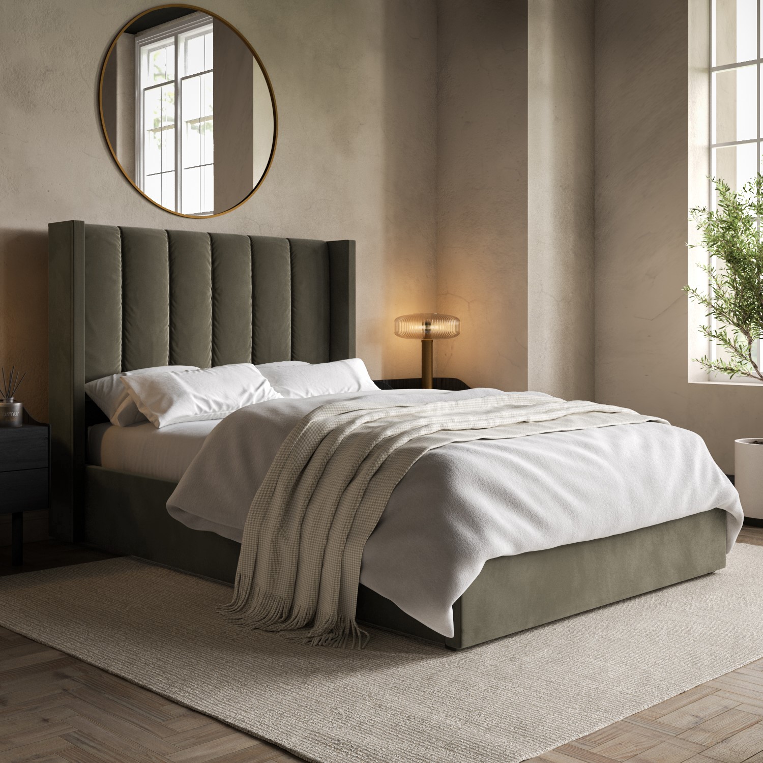 Small Double Khaki Green Velvet Ottoman Bed