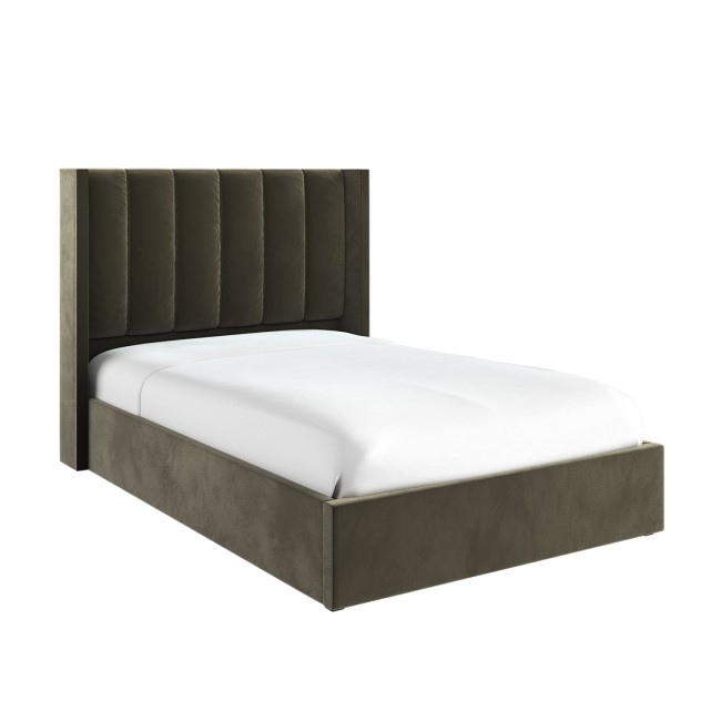 Khaki Velvet Small Double Ottoman Bed With Winged Headboard - Maddox