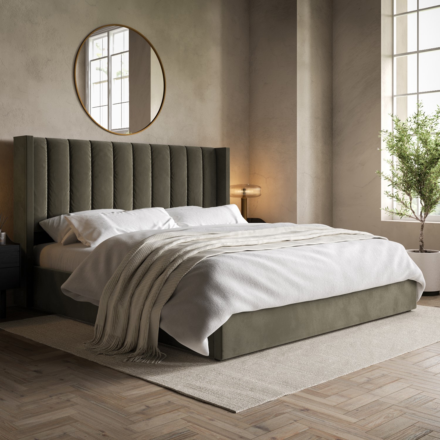 Maddox Green Khaki Velvet Super King Ottoman Bed With Winged Headboard