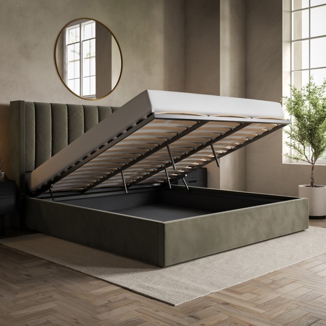 Khaki Velvet Super King Ottoman Bed With Winged Headboard - Maddox