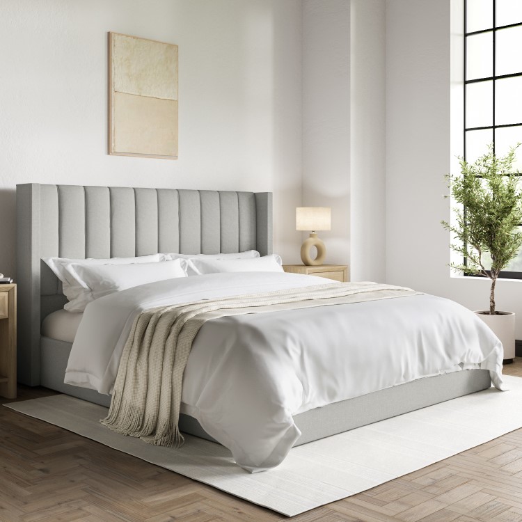 Grey Upholstered Super King Ottoman Bed With Winged Headboard - Maddox