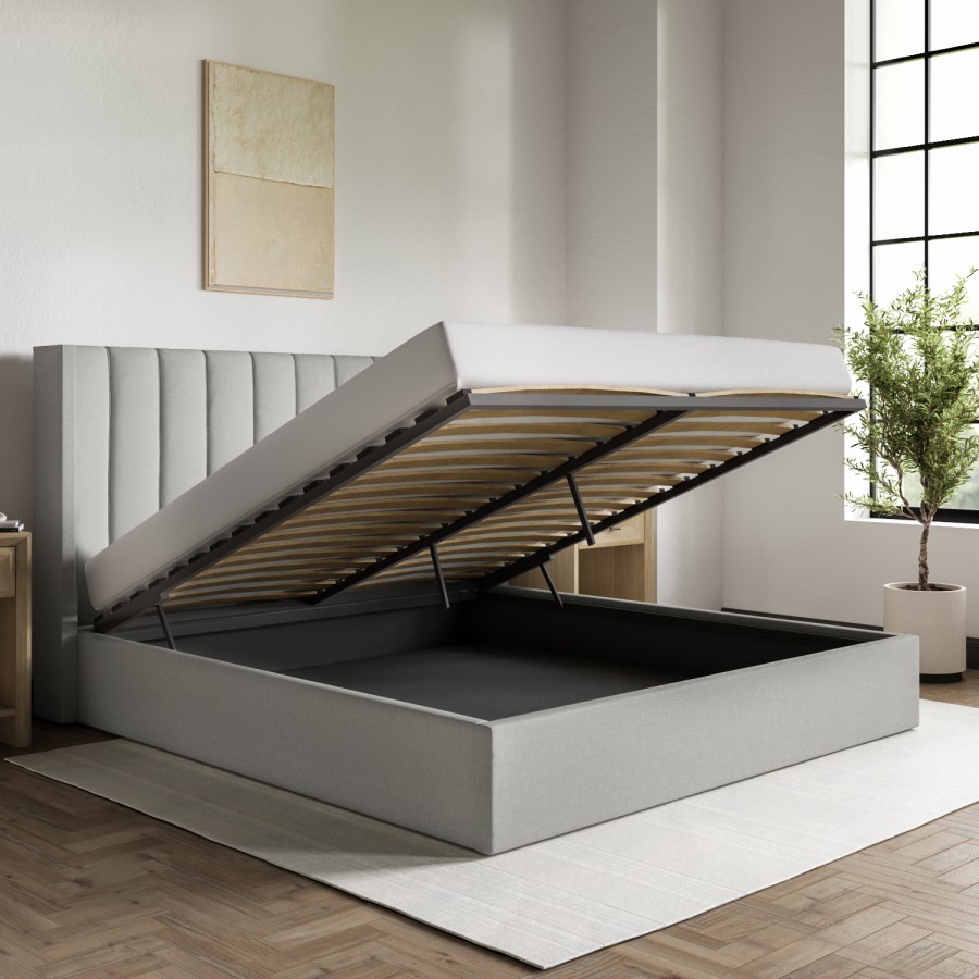 GRADE A1 - Grey Fabric Super King Ottoman Bed With Winged Headboard - Maddox
