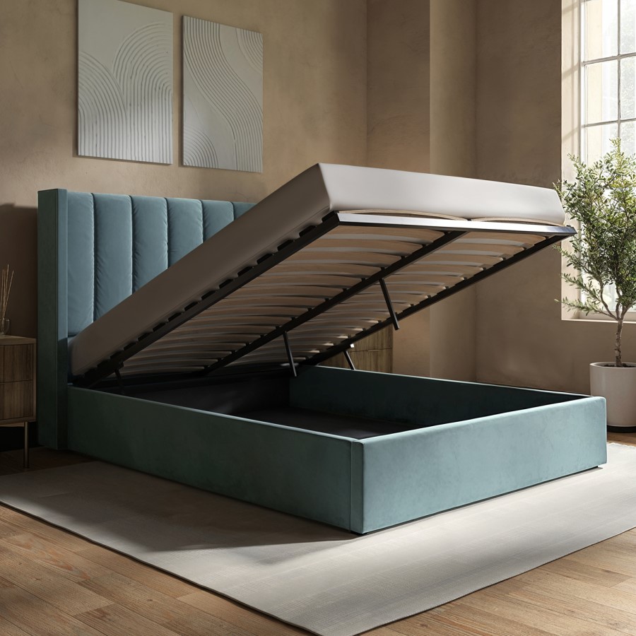 Blue Velvet Double Ottoman Bed With Winged Headboard - Maddox