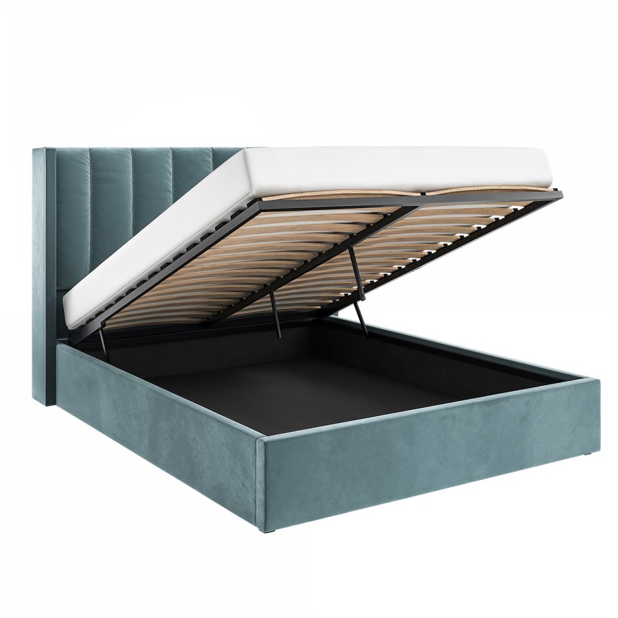 Blue Velvet Double Ottoman Bed With Winged Headboard - Maddox