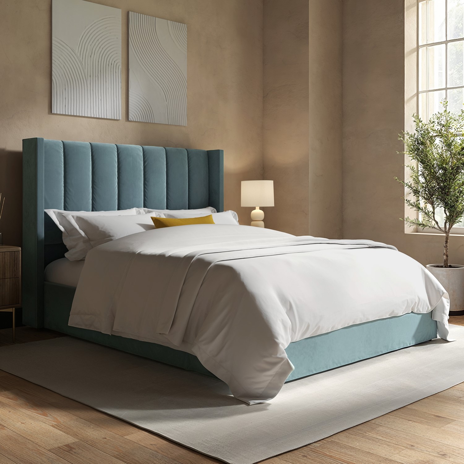 Maddox Blue Velvet King Size Ottoman Bed With Winged Headboard