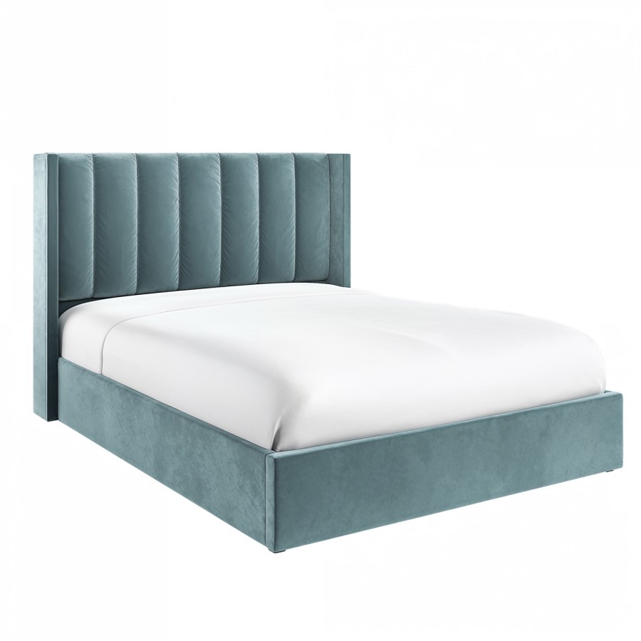 Blue Velvet King Size Ottoman Bed With Winged Headboard - Maddox