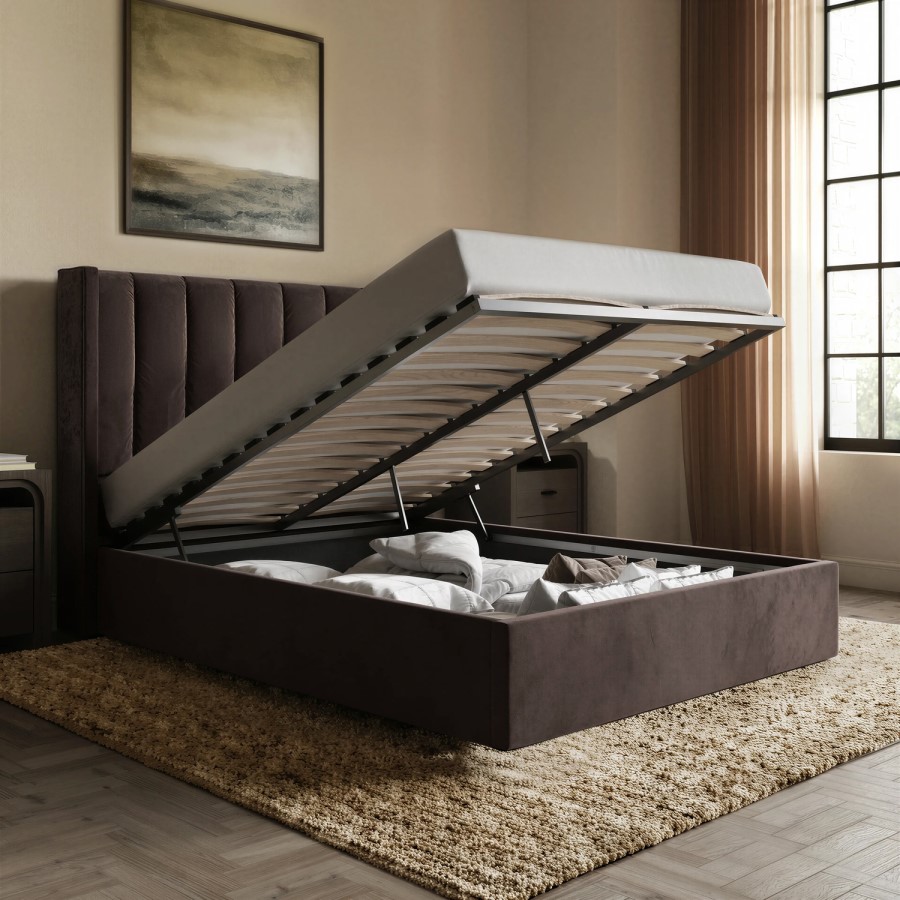 Chocolate Brown Velvet Double Ottoman Bed With Winged Headboard - Maddox