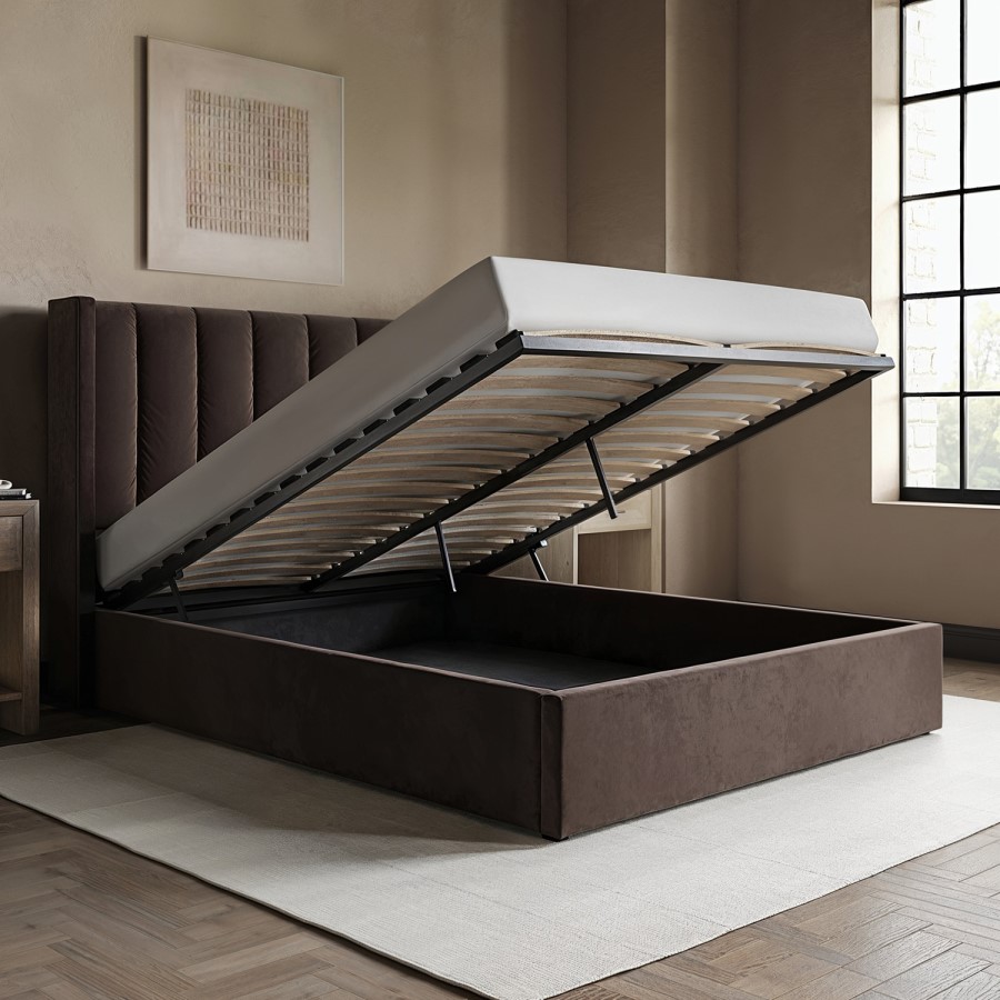 Brown Velvet Double Ottoman Bed With Winged Headboard - Maddox