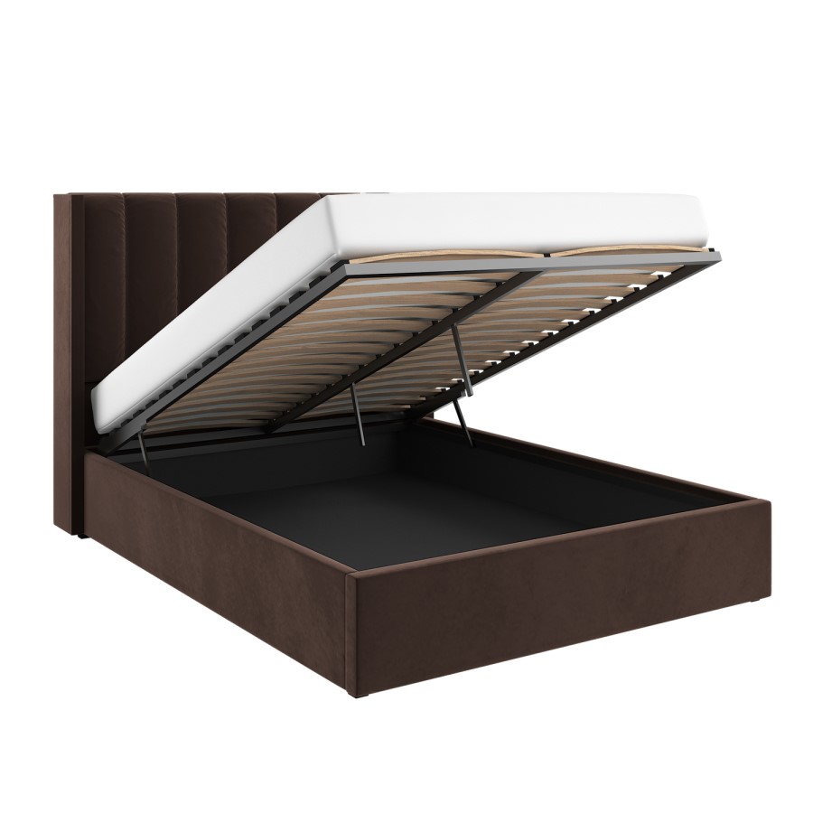 Chocolate Brown Velvet King Size Ottoman Bed With Winged Headboard - Maddox