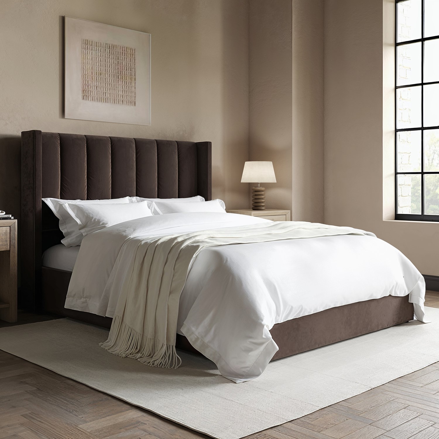 Chocolate Brown Velvet King Ottoman Bed Winged Headboard
