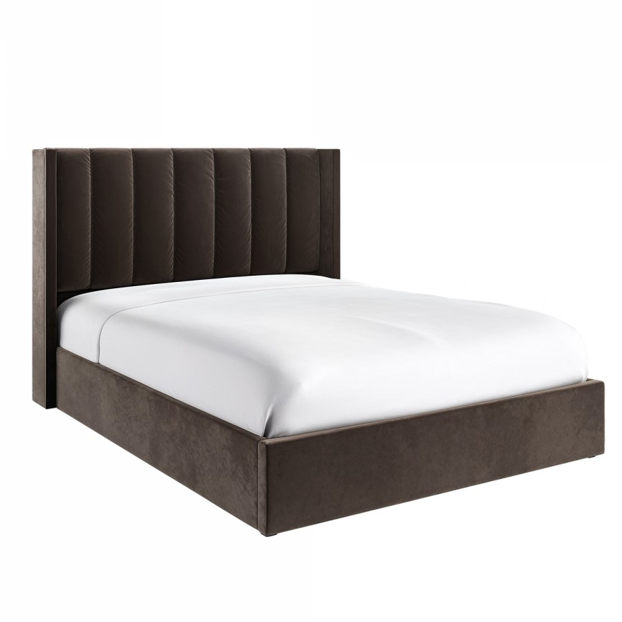 Brown Velvet King Size Ottoman Bed With Winged Headboard - Maddox