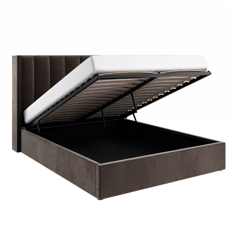 Brown Velvet King Size Ottoman Bed With Winged Headboard - Maddox