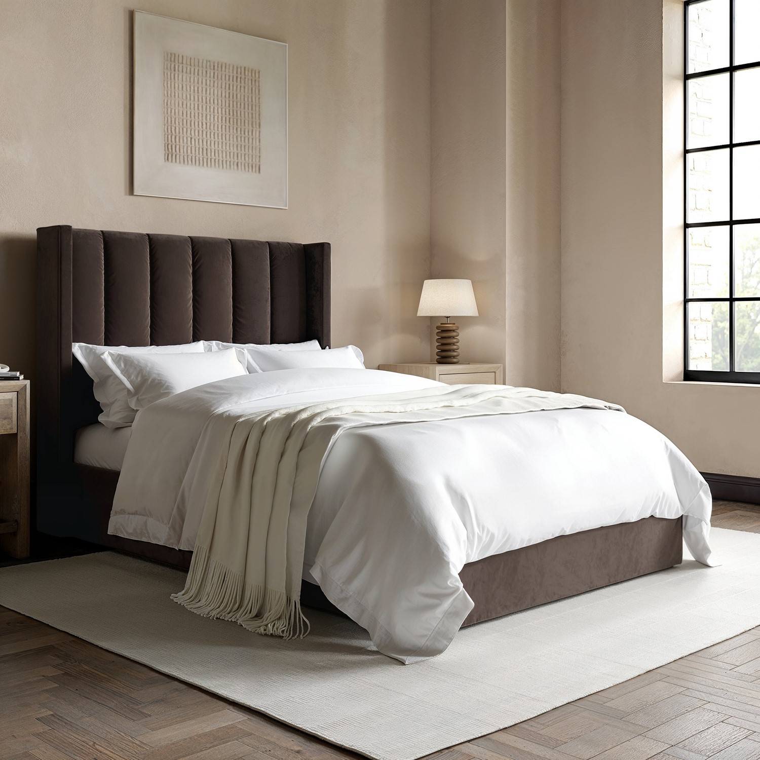 Chocolate Brown Velvet Small Double Ottoman Bed Winged Headboard