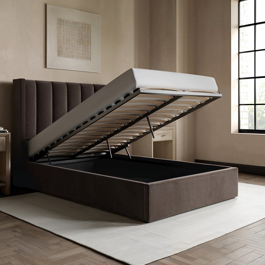 Small Double Chocolate Brown Velvet Ottoman Bed - Maddox