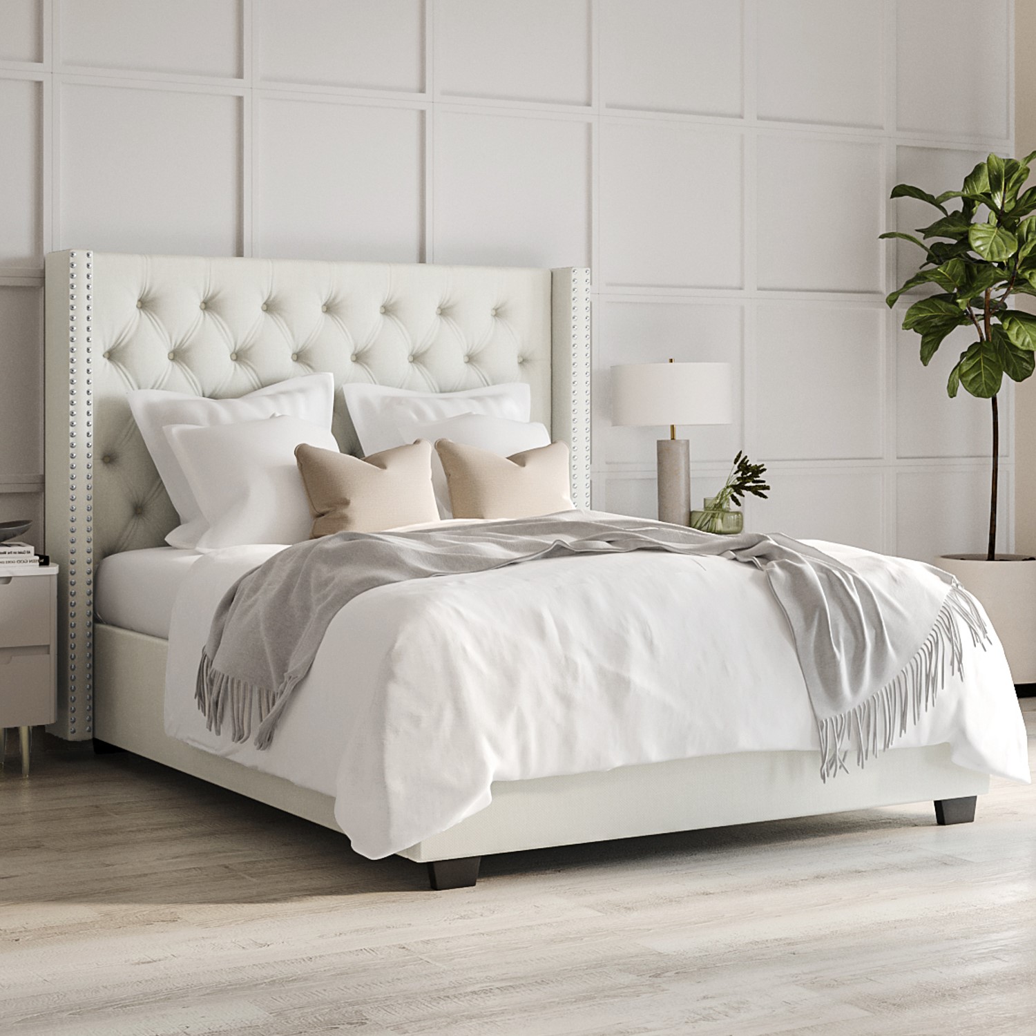 Photo of Off-white fabric double ottoman bed with winged headboard - maeva