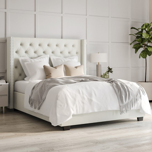Off-White Fabric Double Ottoman Bed with Winged Headboard - Maeva