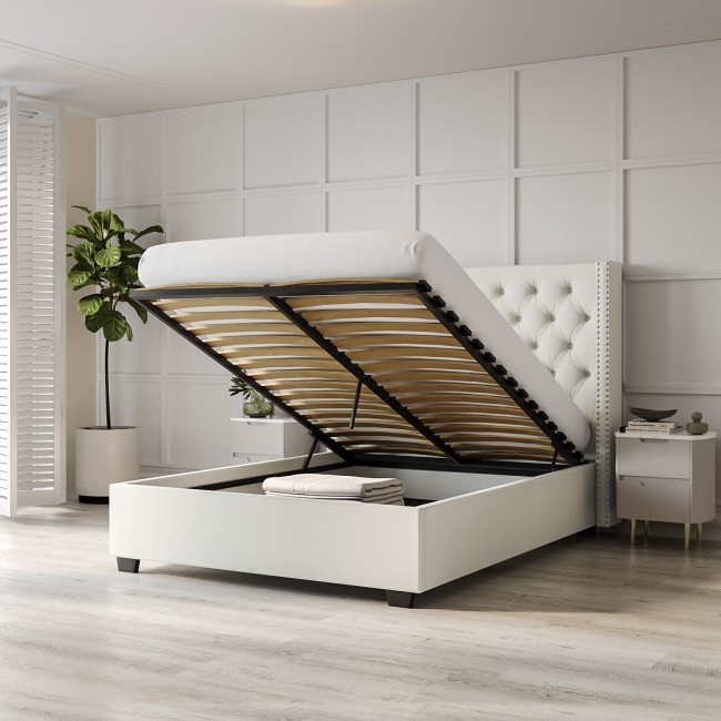 Off-White Fabric Double Ottoman Bed with Winged Headboard - Maeva