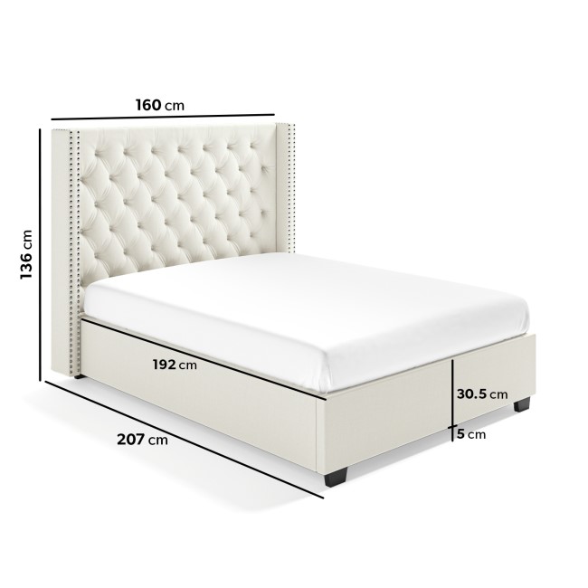 Off-White Fabric Double Ottoman Bed with Winged Headboard - Maeva