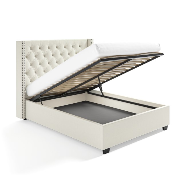 Off-White Fabric Double Ottoman Bed with Winged Headboard - Maeva