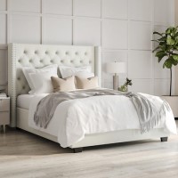 Off-White Fabric King Size Ottoman Bed with Winged Headboard - Maeva